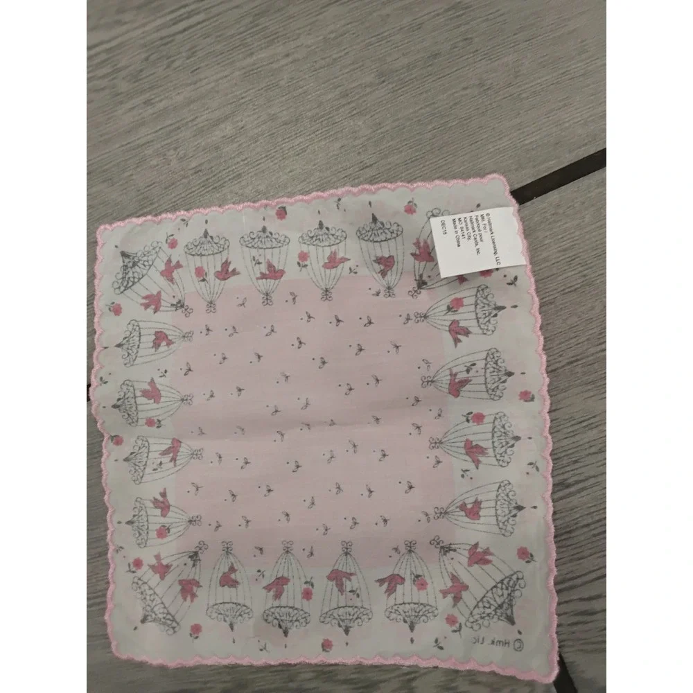 Hallmark Cute Pink Bird‎ Cages Flowers Handkerchief Scarf Bandana 10x10